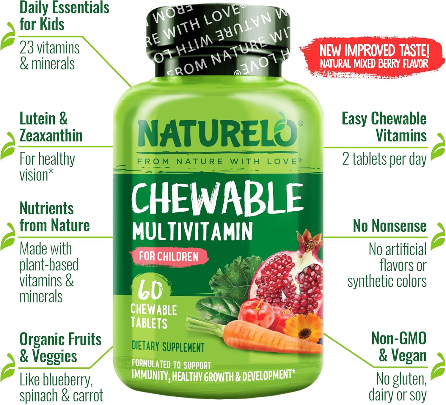 NATURELO Chewable Vitamin for Kids – Multivitamin with Whole Food Organic Fruit Blend - 60 Tablets for Children (Pack of 2)