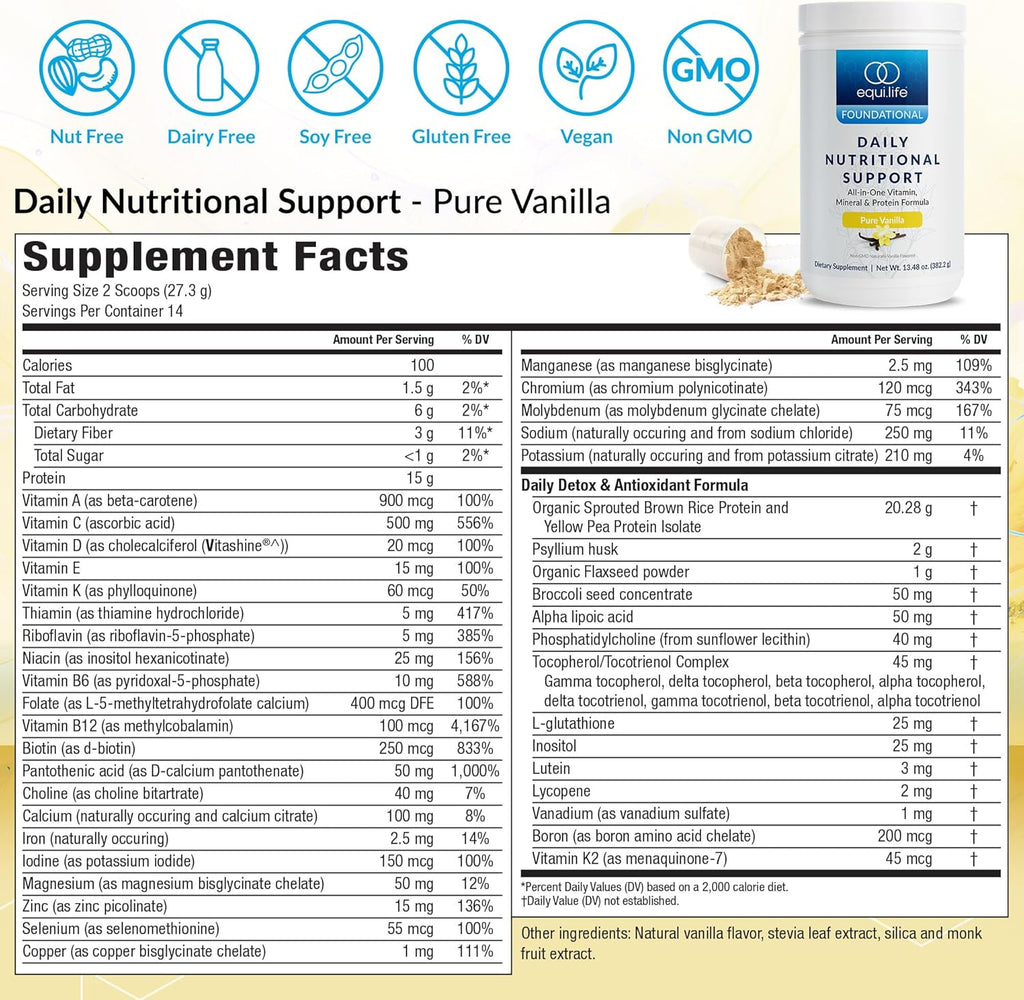 Equilife Daily Nutritional Support, All-in-One Multivitamin Meal Replacement, Pure Vanilla Flavor, 15G Plant Protein, Supports Overall Wellness Including Energy, Digestion, & Skin, 14 Servings Tub
