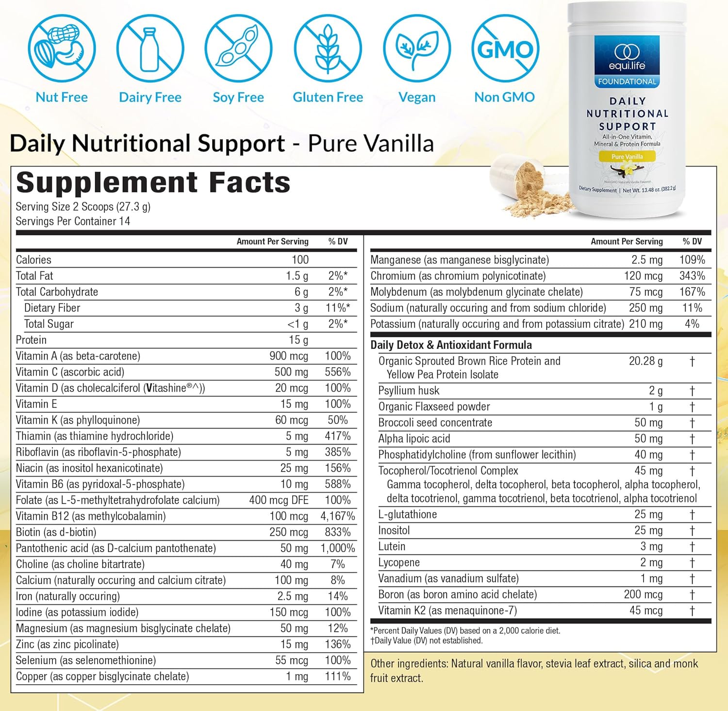 Equilife Daily Nutritional Support, All-in-One Multivitamin Meal Replacement, Pure Vanilla Flavor, 15G Plant Protein, Supports Overall Wellness Including Energy, Digestion, & Skin, 14 Servings Tub