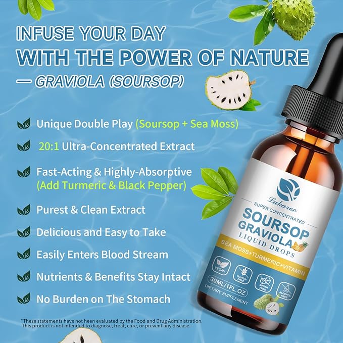 (2 Pack) Soursop Graviola Leaf Extract Liquid Drop Plus Pure Botanical Sea Moss for Cell Support & Regeneration, Immunity and Gut Health, Soursop Bitters Liquid丨Full Texture,Pineapple Flavor,1 Fl Oz