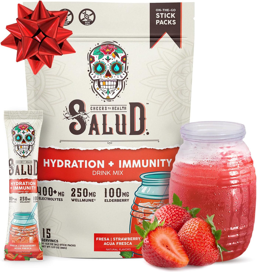 Salud 2-in-1 Hydration Packets + Immunity Electrolytes Powder, Strawberry - Fresca Agua Fresca Drink Mix, Elderberry, Dairy & Soy Free, Non-GMO, Gluten Free, Vegan, Low Calorie, 1g Sugar (15 Servings)