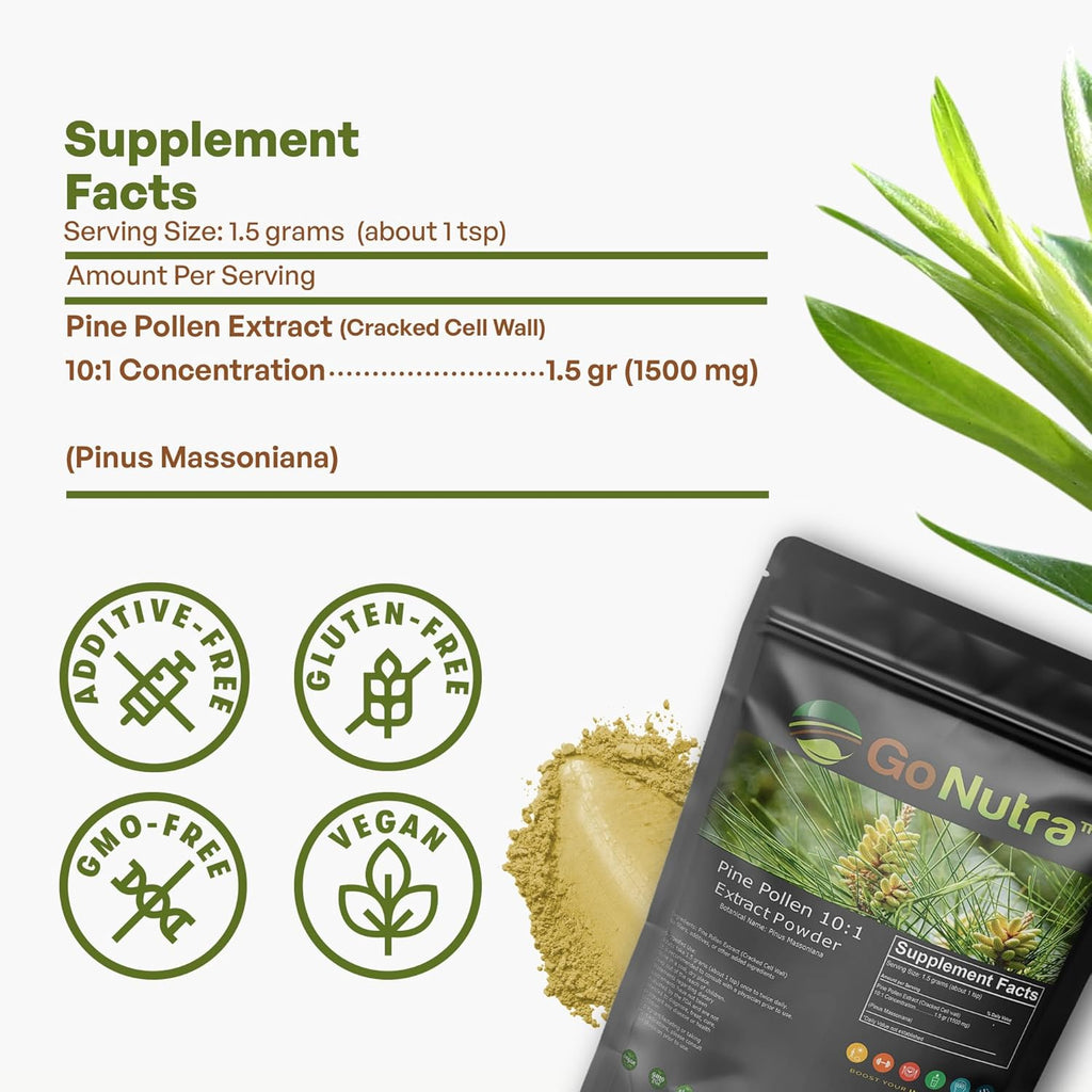 Go Nutra - Pine Pollen Powder, Potent 10:1 Pine Pollen Powder from Masson Pine Trees, Pure Powdered Pine Pollen for Tea, Coffee, Juice, Smoothies, and More, Non-GMO, Vegan, 8 oz