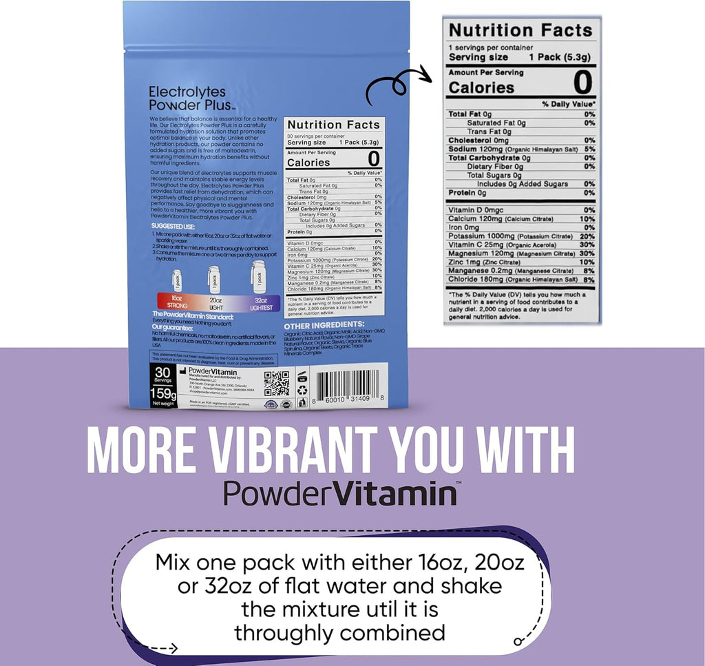 PowderVitamin Electrolytes Powder Plus, Keto, Blueberry Grape, Zero Sugar, 1000mg Potassium, 120mg Calcium, 120mg Magnesium, Non-GMO, Zero Calories, 30 Hydration Packets
