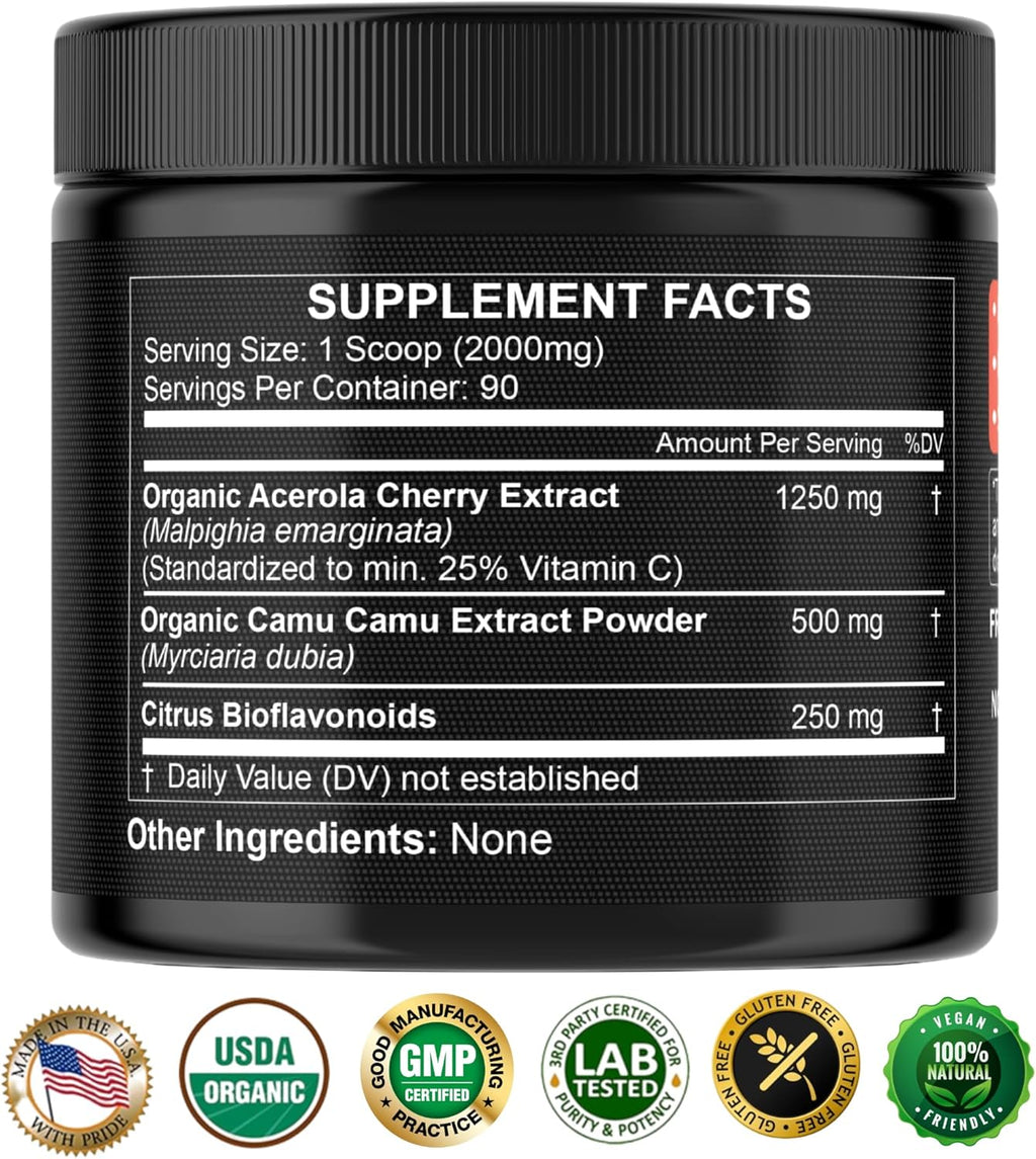 Natural Vitamin C from Organic Acerola Cherry & Camu Camu Powder - High Absorption with Citrus Bioflavonoids - Immune System & Collagen Booster - Anti Aging Skin Vitamins Made in USA 90 servings