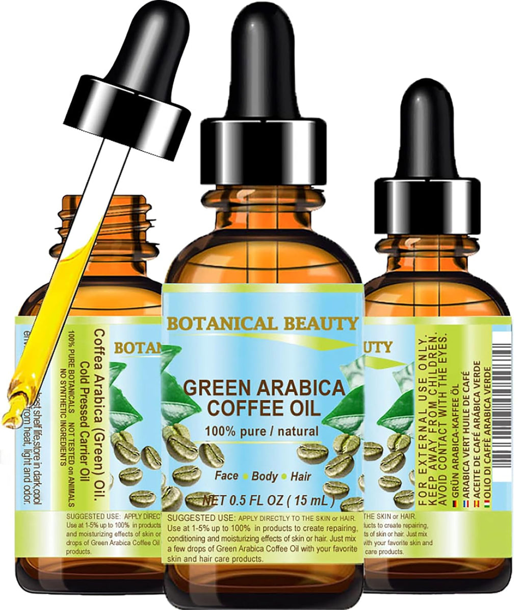 Botanical Beauty GREEN ARABICA COFFEE OIL Brazilian 100% Pure Virgin Unrefined for Face, Skin, Hair, Lip, Nails. Anti - Aging Face Oil (0.5 Fl Oz)