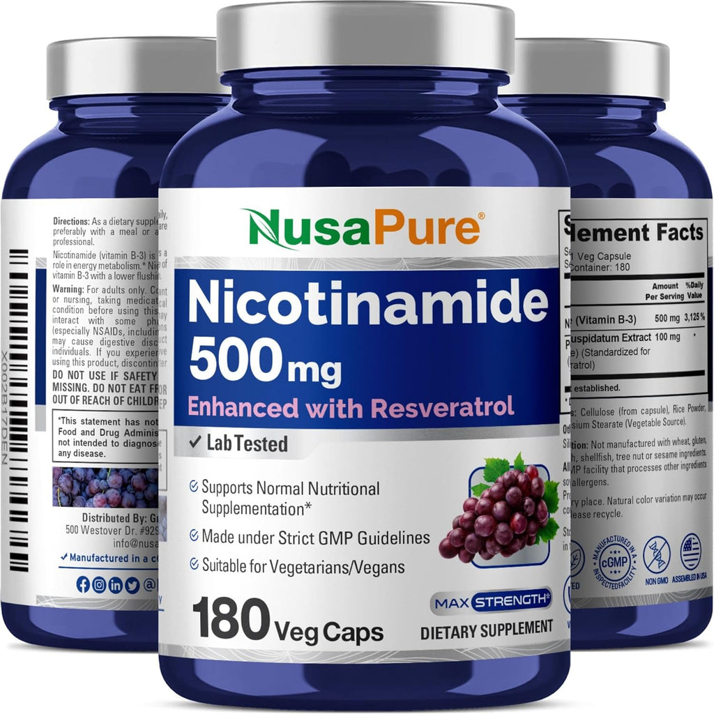 NusaPure Nicotinamide with Resveratrol (Vitamin B-3) 500 mg - 180 Vegetarian Caps (Non-GMO & Vegan)