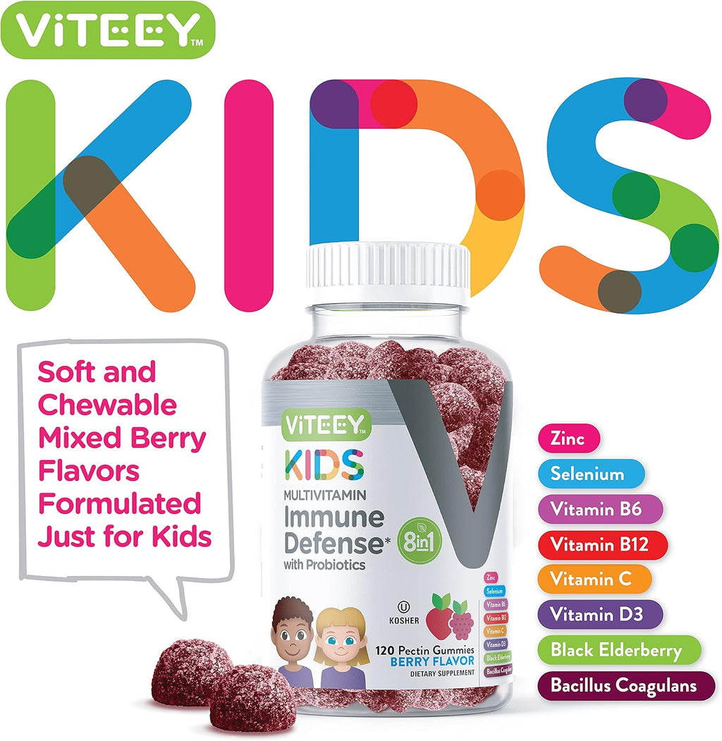 Viteey Kids Multivitamin Gummies with Probiotics - 8-1 Kids Vitamins for Immune Health Support with Vitamin C, D3, B12, B6, Zinc, Elderberry, Selenium - Vegetarian - Chewable Tasty Berry Flavored