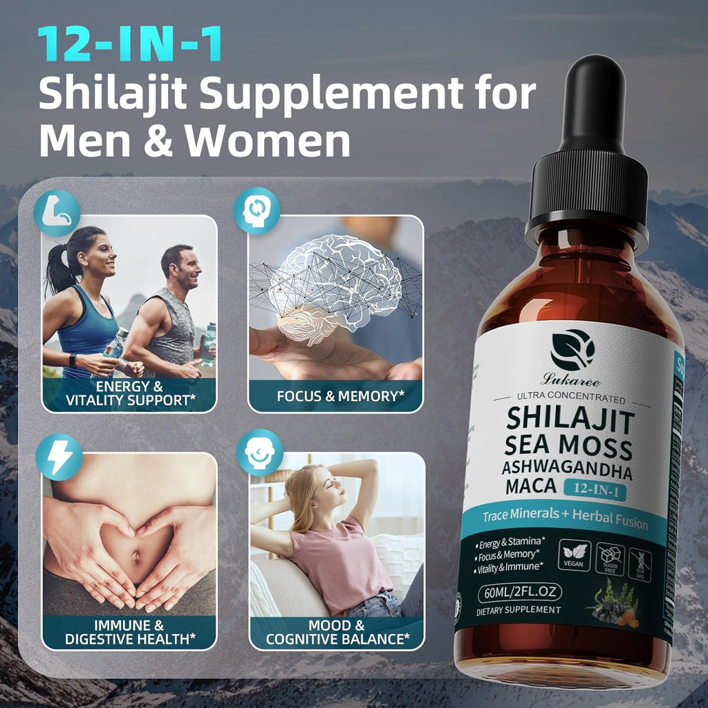 Shilajit Liquid Drops, 12-in-1 Complex - Sea Moss, Ashwagandha, Maca, Fulvic Acid, Trace Minerals, Liquid Vitamins Supplement for Men and Women, Energy, Antioxidant, Immune Support, 60ML/2 FL Oz