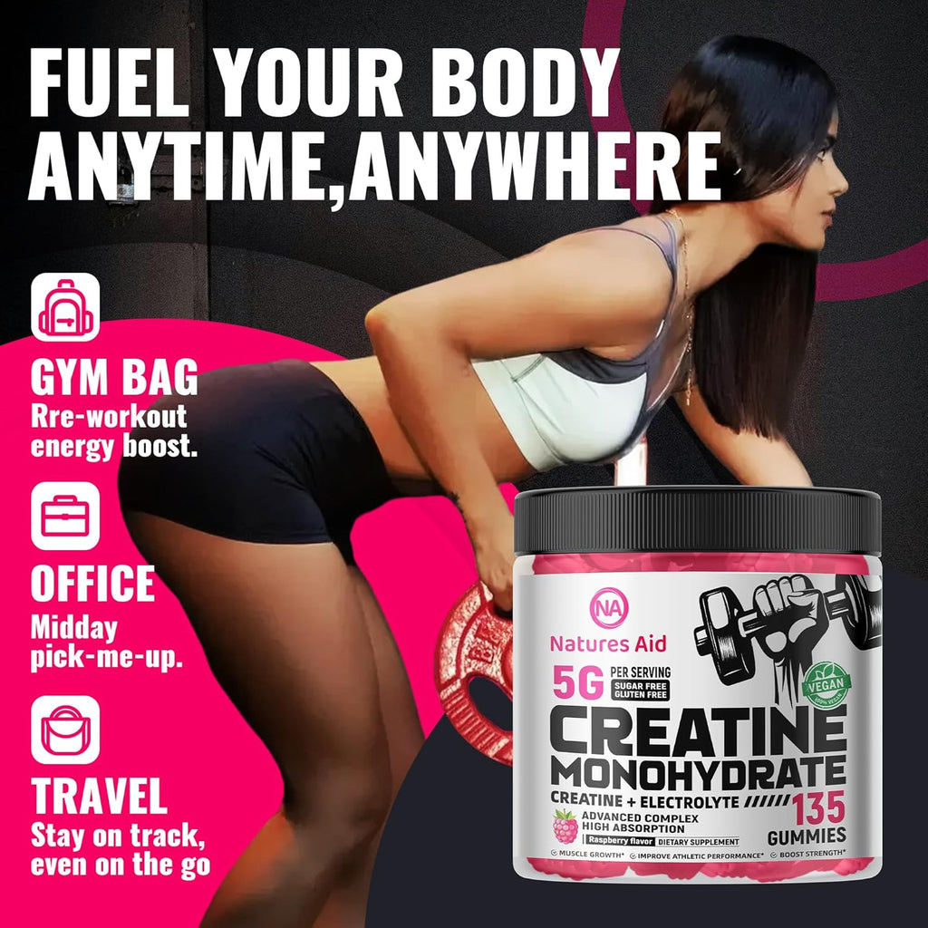 Creatine Monohydrate Gummies (5g) – Pre-Workout Energy & Muscle Growth Support for Men & Women | Raspberry Electrolyte Gummies (135 Count)
