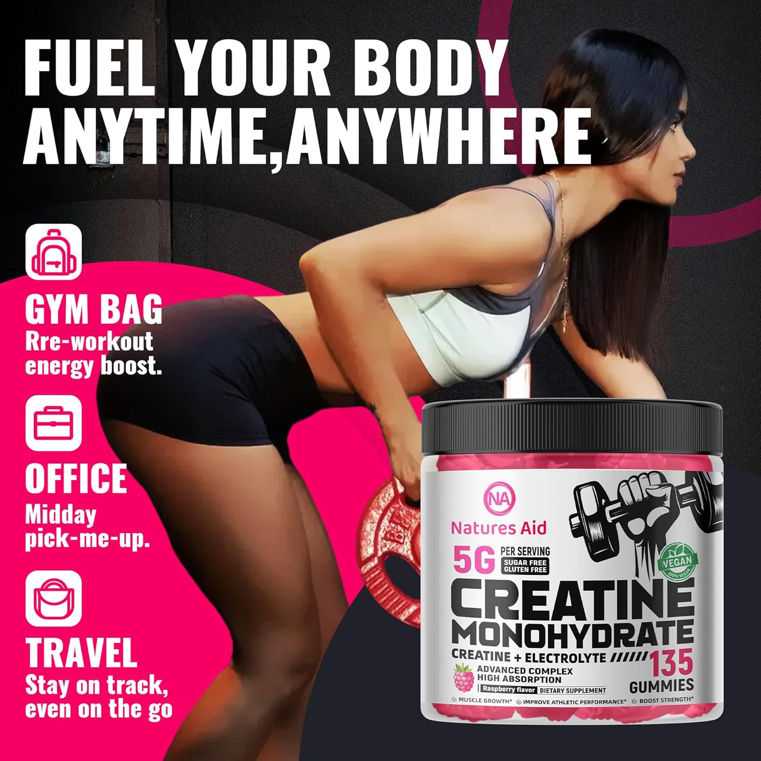 Creatine Monohydrate Gummies (5g) – Pre-Workout Energy & Muscle Growth Support for Men & Women | Raspberry Electrolyte Gummies (135 Count)