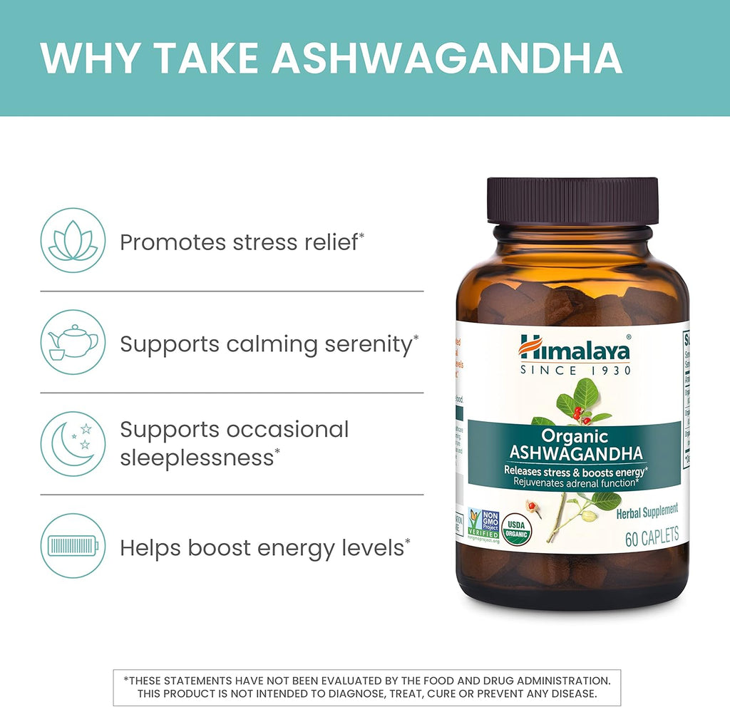 Himalaya Organic Ashwagandha Root, 60 Day Supply - Herbal Adrenal Support Supplements for Stress Relief and Energy Support - USDA Organic, Non-GMO, Vegan, Gluten Free, No Additives, 670 mg, 60 Caplets