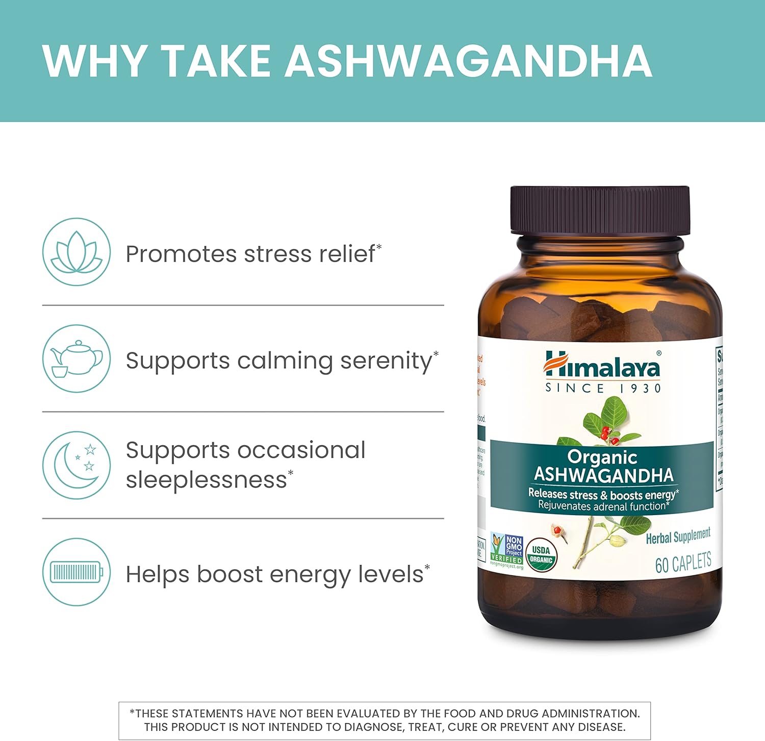 Himalaya Organic Ashwagandha Root, 60 Day Supply - Herbal Adrenal Support Supplements for Stress Relief and Energy Support - USDA Organic, Non-GMO, Vegan, Gluten Free, No Additives, 670 mg, 60 Caplets