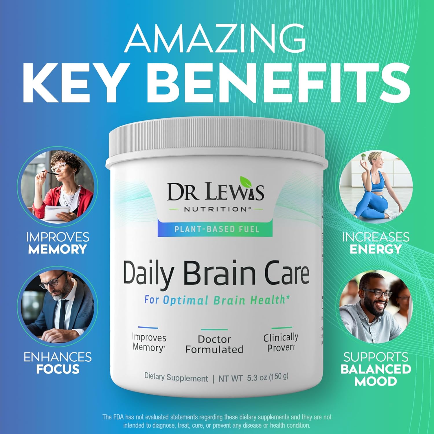 Brain Supplements for Memory and Focus – Dr Lewis Daily Brain Care Powder with Aloe Vera – Plant-Based Nootropic and Energy Supplement for Brain Fog, Mental Clarity, and Immune Support – Powder, 150g