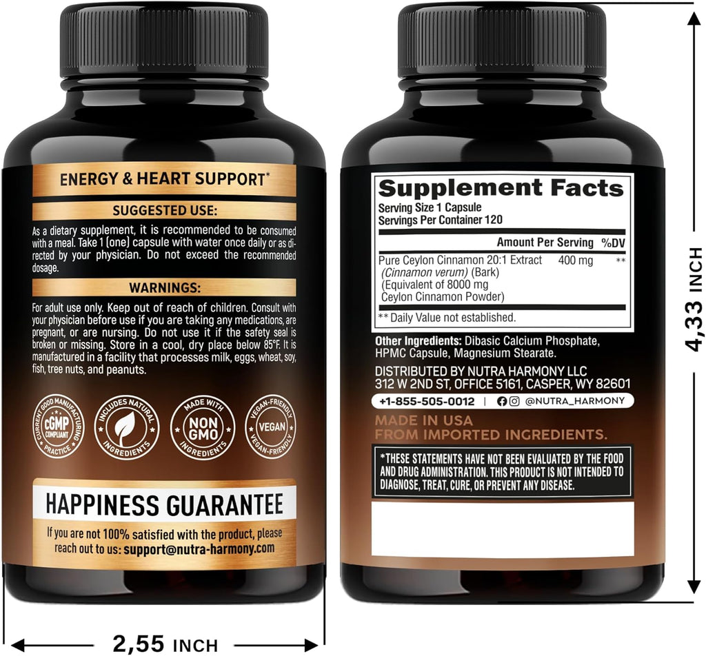 Ceylon Cinnamon Capsules - Extra Strength - Energy, Heart & Metabolism Support - for Men & Women - Pure Natural Extract 20:1 Supplement - Made in USA - GMO & Gluten Free, 120 Capsules, 4 Month Supply