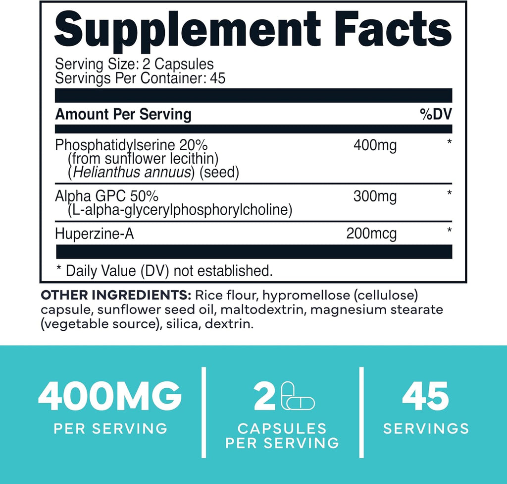 Type Zero Phosphatidylserine 3X Strength Nootropics Brain Support Supplement w/Alpha GPC, Huperzine A & Phosphatidylserine - Clean Focus & Memory Supplement for Brain Pills