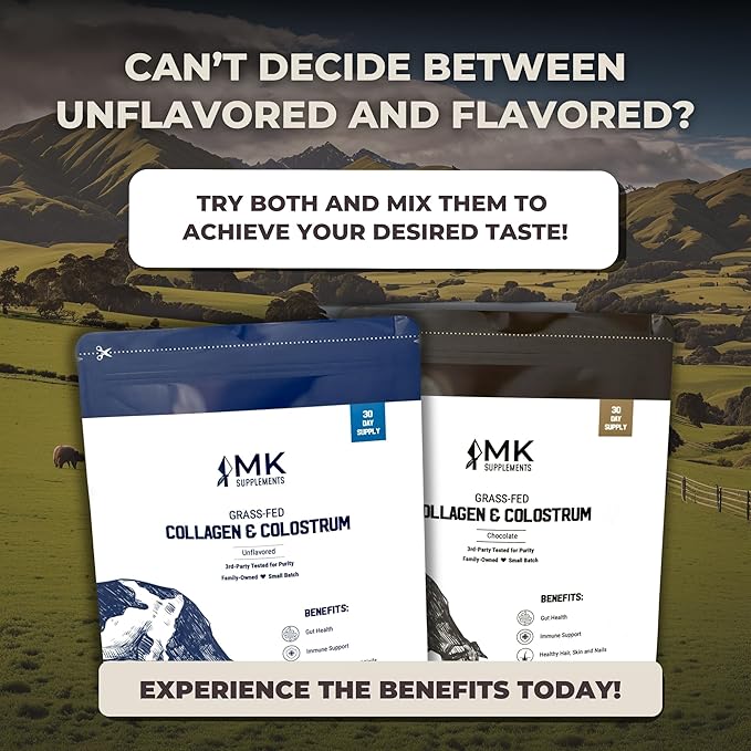 MK Supplements Collagen & Colostrum – Grass-Fed Collagen Peptides & Colostrum Powder for Hair, Nail, Skin, Bone & Joint Health, Chocolate Flavor + Monk Fruit
