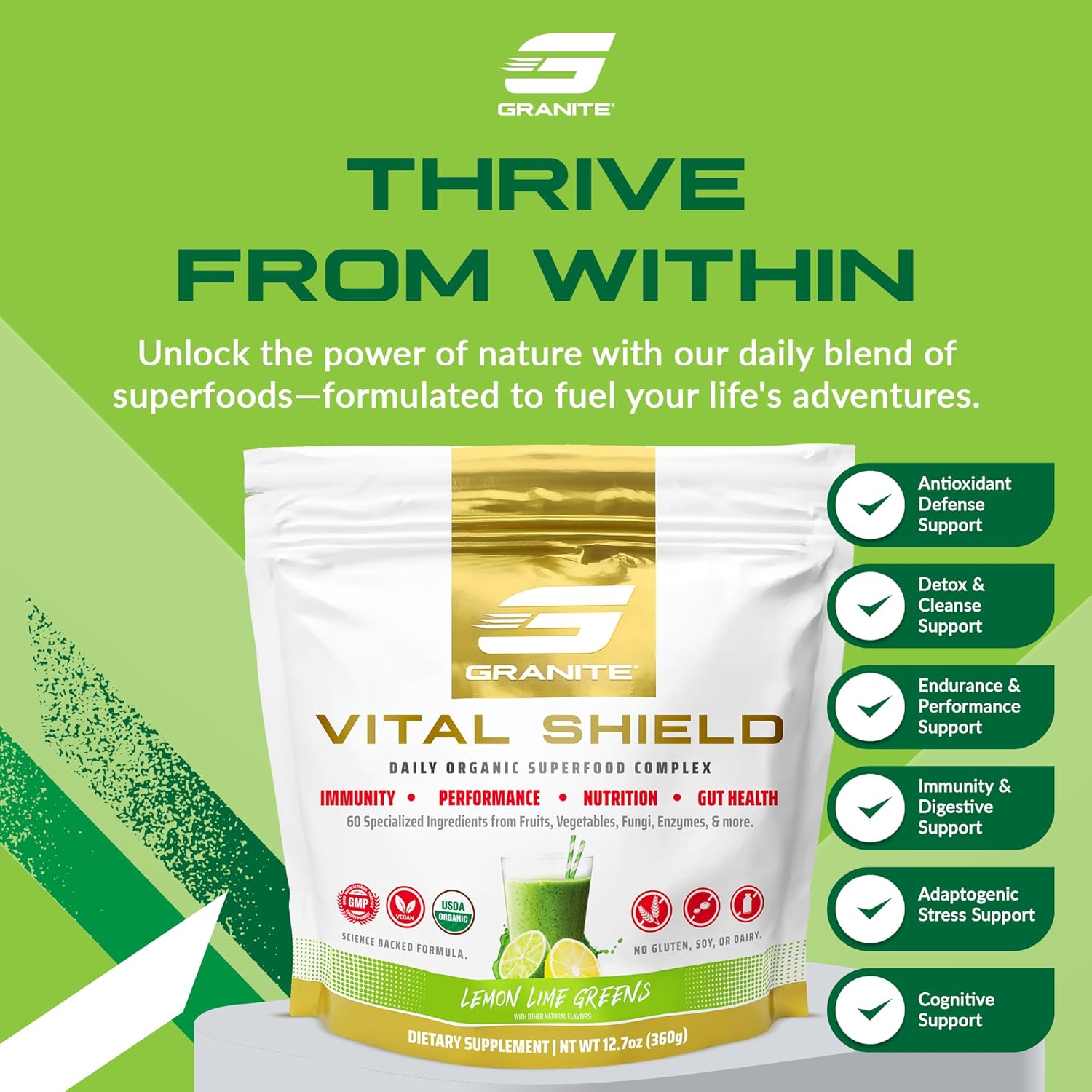 Granite Nutrition Vital Shield - USDA Organic Superfood Greens with Mushrooms & Tart Cherry – Supports Energy, Immune Function & Digestive Health – Lemon Lime Flavor (30 Servings)