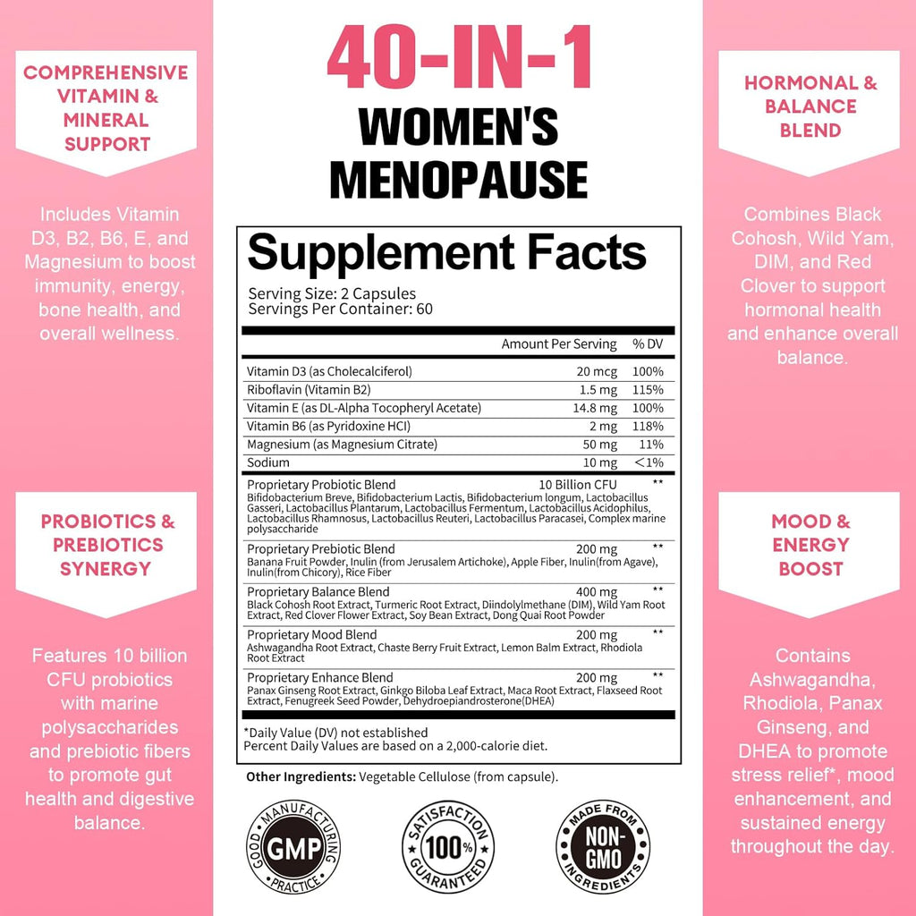 40-in-1 Menopause Supplements for Women, Multibenefit & Complete Black Cohosh for Hot Flashes, Night Sweats & Hormone Balance, w/ Probiotics, DIM, Vitex, Dong Quai, Red Clover and More, 120 Vegan Caps