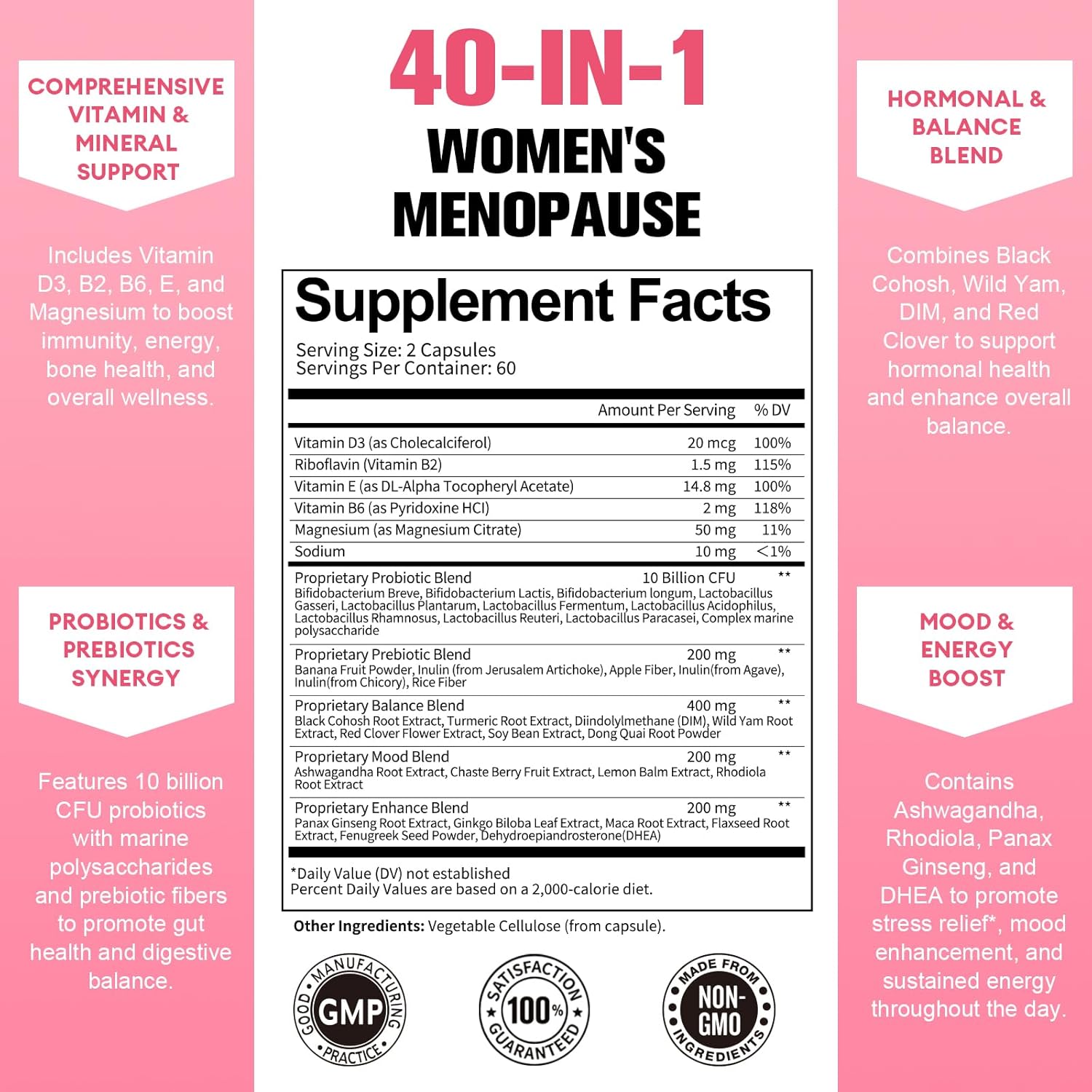 40-in-1 Menopause Supplements for Women, Multibenefit & Complete Black Cohosh for Hot Flashes, Night Sweats & Hormone Balance, w/ Probiotics, DIM, Vitex, Dong Quai, Red Clover and More, 120 Vegan Caps