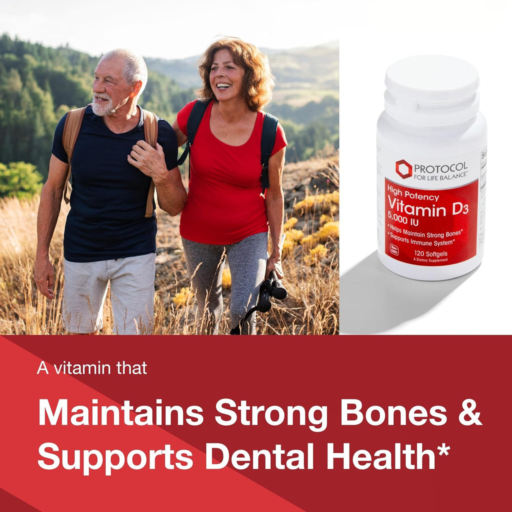 PROTOCOL FOR LIFE BALANCE - Vitamin D3 5000 IU (High Potency) Supports Calcium Absorption, Bone and Dental Health, Immune System Function, Nervous System, and Cognitive Function - 120 Softgels