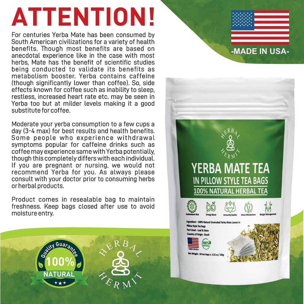 Herbal Hermit Yerba Mate herbal-teas with 50 tea bags Natural Yerba Matte Rich in Chlorophyll, Made in USA