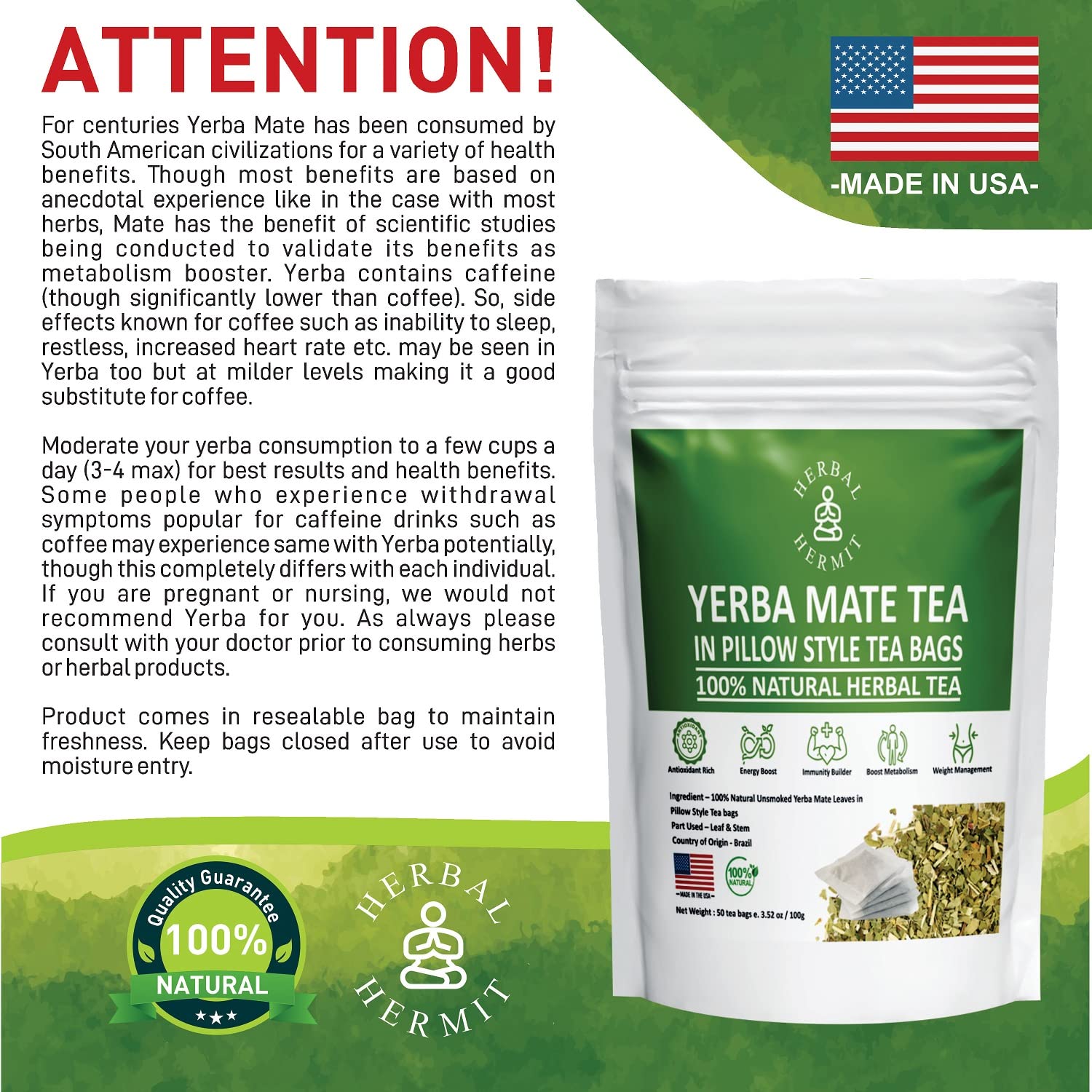 Herbal Hermit Yerba Mate herbal-teas with 50 tea bags Natural Yerba Matte Rich in Chlorophyll, Made in USA