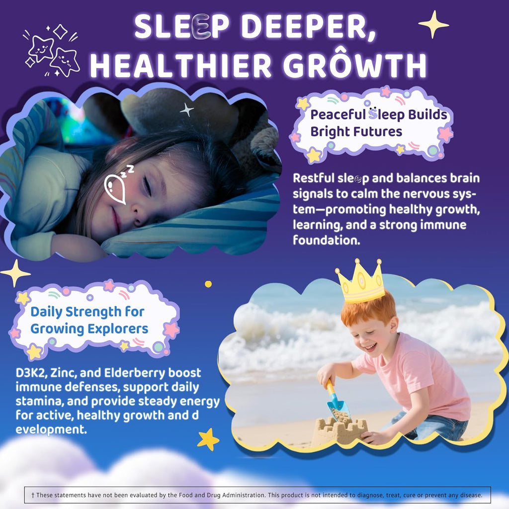 Kids Sleep Gummies, NO Melatonin Sleep Aid Gummies w/Magnesium Glycinate, Magnesium Malate, L-Theanine, Lavender, B6, Zinc, D3K2 for Restful Sleep, Relax Brain & Muscle, Immune Support, Non-GMO 1Pack