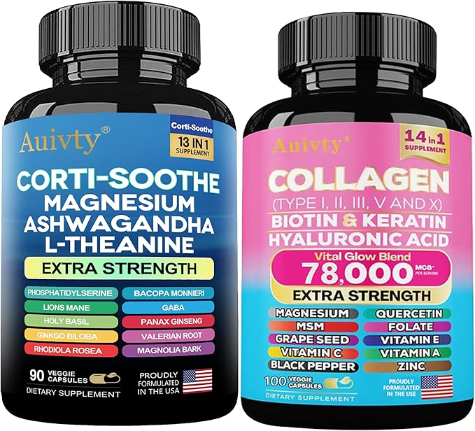 Shining Serenity Set, Calm & Collagen Bundle with Magnesium, Ashwagandha, L-Theanine, Multi Type Collagen, Biotin, Keratin & Hyaluronic Acid, Daily Mood & Beauty Support, 2 Bottle Pack