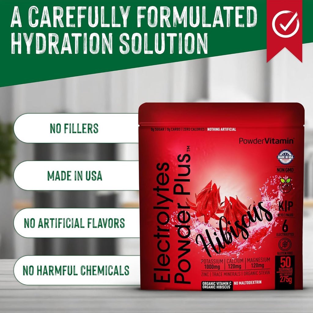 Electrolytes Powder Plus (50 Servings), 0 Calorie Keto, 0 Sugar, No Maltodextrin,1000mg Potassium,120mg Calcium,120mg Magnesium, Hydration Powder (50 Servings, Hibiscus)
