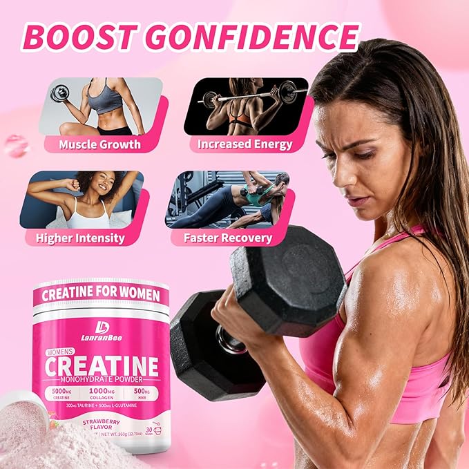 Creatine HMB for Women 5g Micronized Creatine Monohydrate Powder with Collagen Pre Workout Supplement for Muscle Support Energy & Endurance Sugar Free,Strawberry Flavor 30 Servings