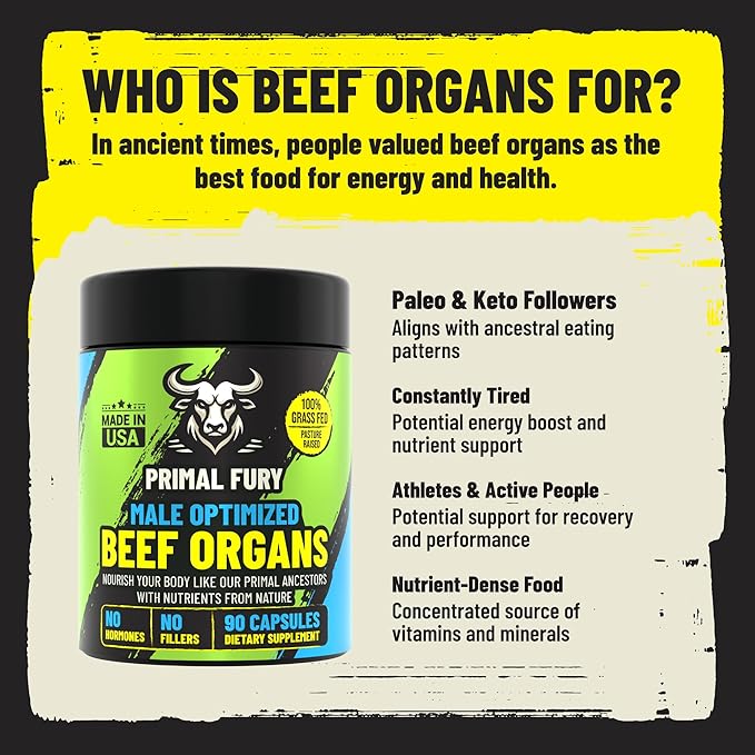 Grass Fed Beef Organ Supplement for Men - Male Optimization Pills - 6 Vital Beef Organs to Drive Prostate Health & Peak Performance, Made in USA, 90 Capsules