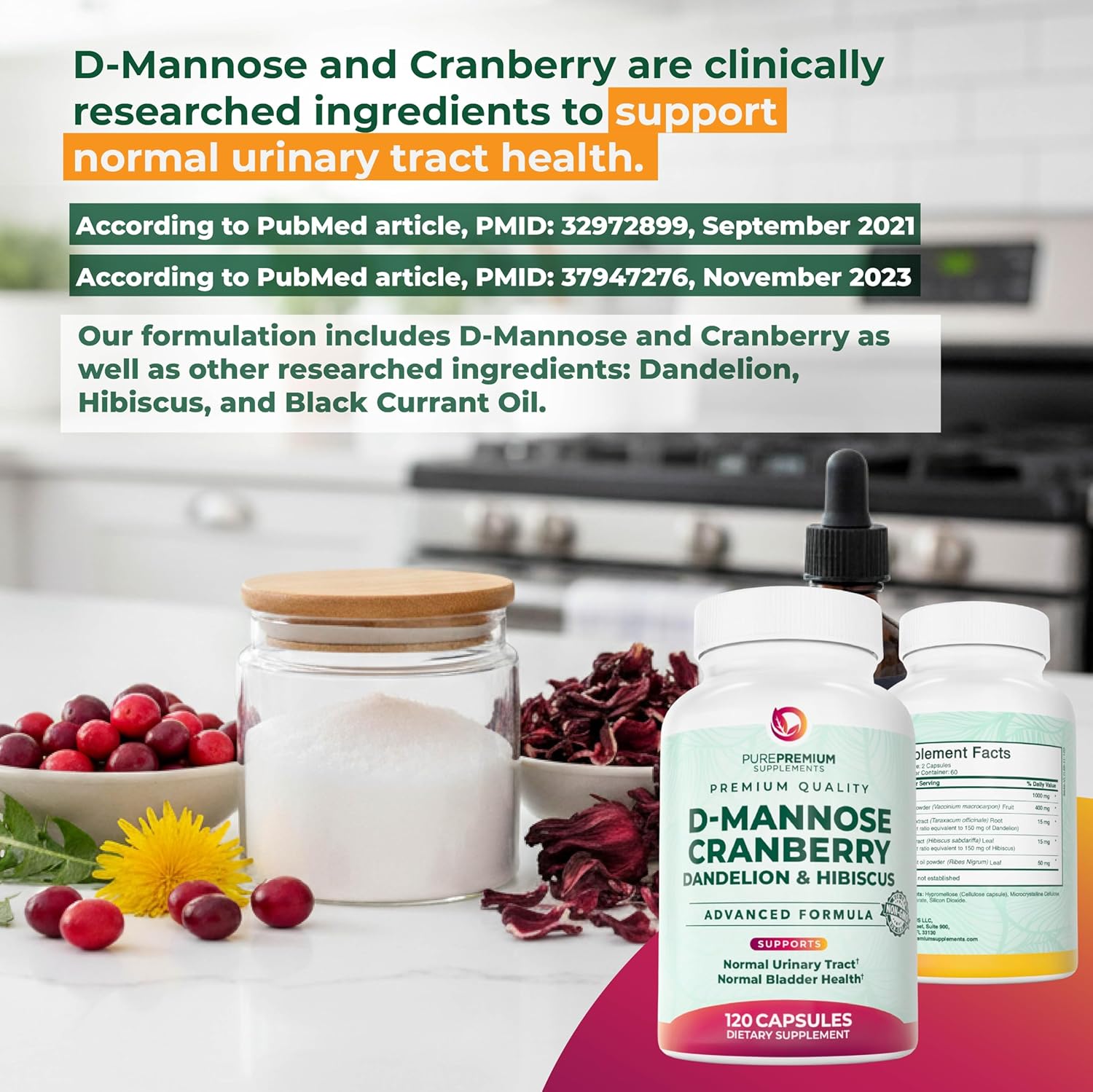 PurePremium D-Mannose with Cranberry, Hibiscus & Dandelion - 1000mg D-Mannose Supplements for Women Supports Urinary Tract Health & Bladder Health - Made in USA, Vegan, 120 Capsules, 2 Month Supply