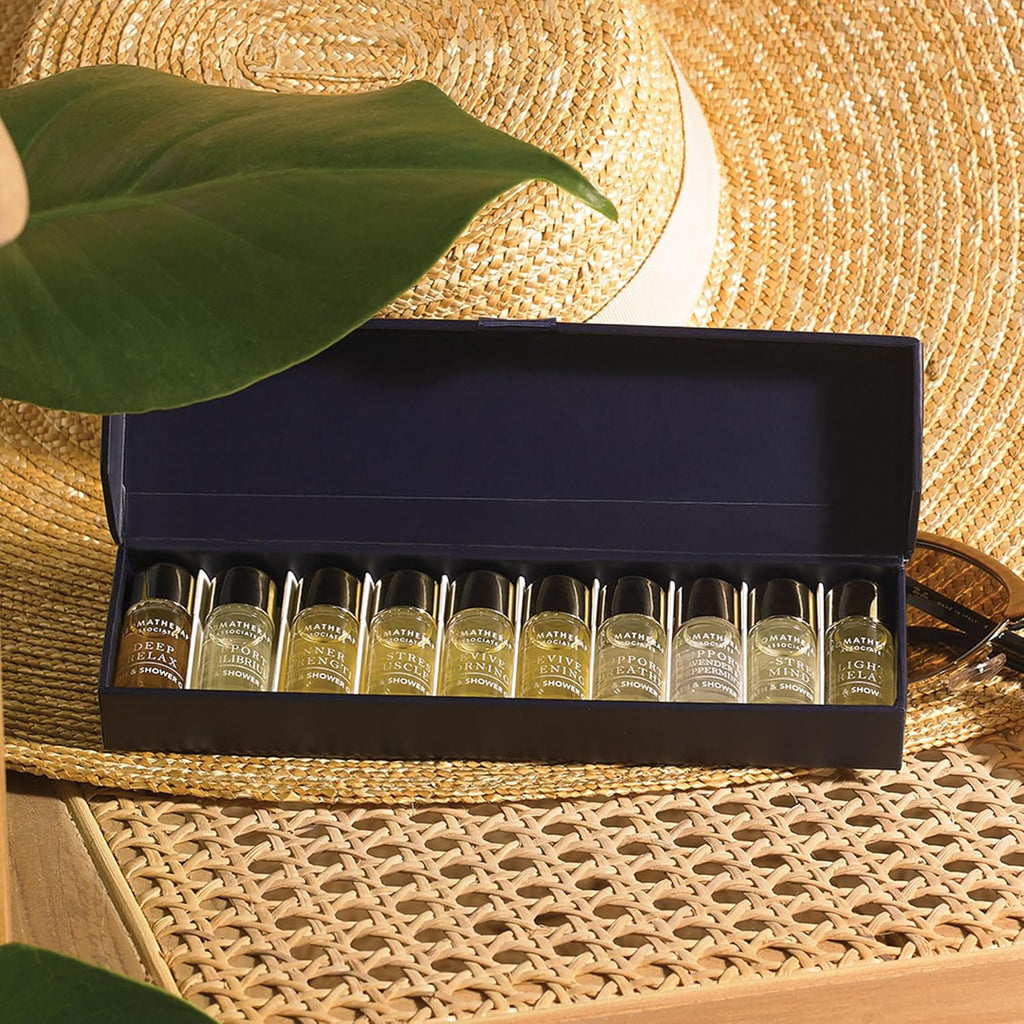 Aromatherapy Associates Essential Oil Blends – Luxury Shower and Body Oils for Dry Skin, Daily Aromatherapy Care for Men & Women, 10-Pack (0.10 fl oz Each) in Decorative Gift Box