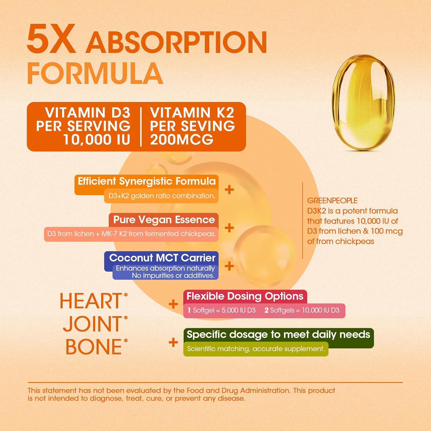 K2 D3 Vitamin Supplement, Vitamin D-3 & K-2 MK-7, 10,000 IU/200 mcg, with Virgin Non-GMO Coconut MCT Oil | 300 Vegan Softgels | Bone Health, Immune Support