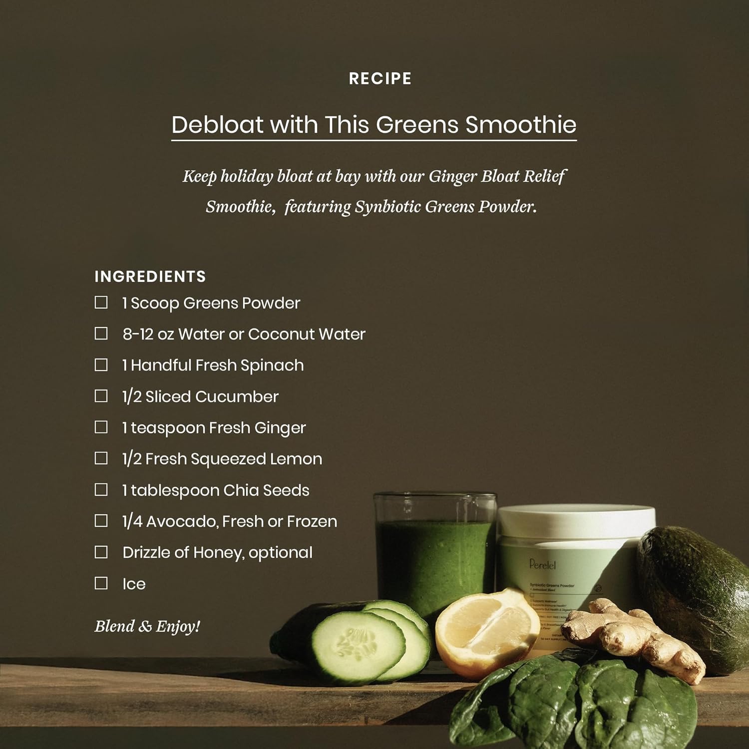 Perelel Synbiotic Greens Powder, Superfood Blend with Fruits, Vegetables, Probiotics, Fiber, Spirulina & Chlorella, Daily Greens Supplement, Soy & Gluten Free, Non GMO, Acai Berry Flavor, 30 Servings