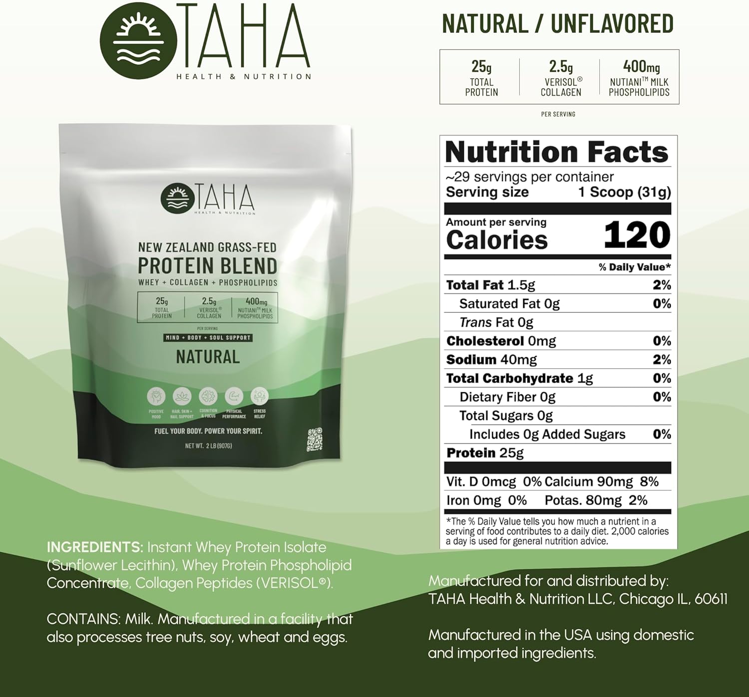Taha Health & Nutrition Mind + Body Protein Blend – Natural, Unflavored | 25g Protein from Whey & Collagen + 400mg Milk Phospholipids | Grass-Fed, Free-Range New Zealand Dairy | 2LB