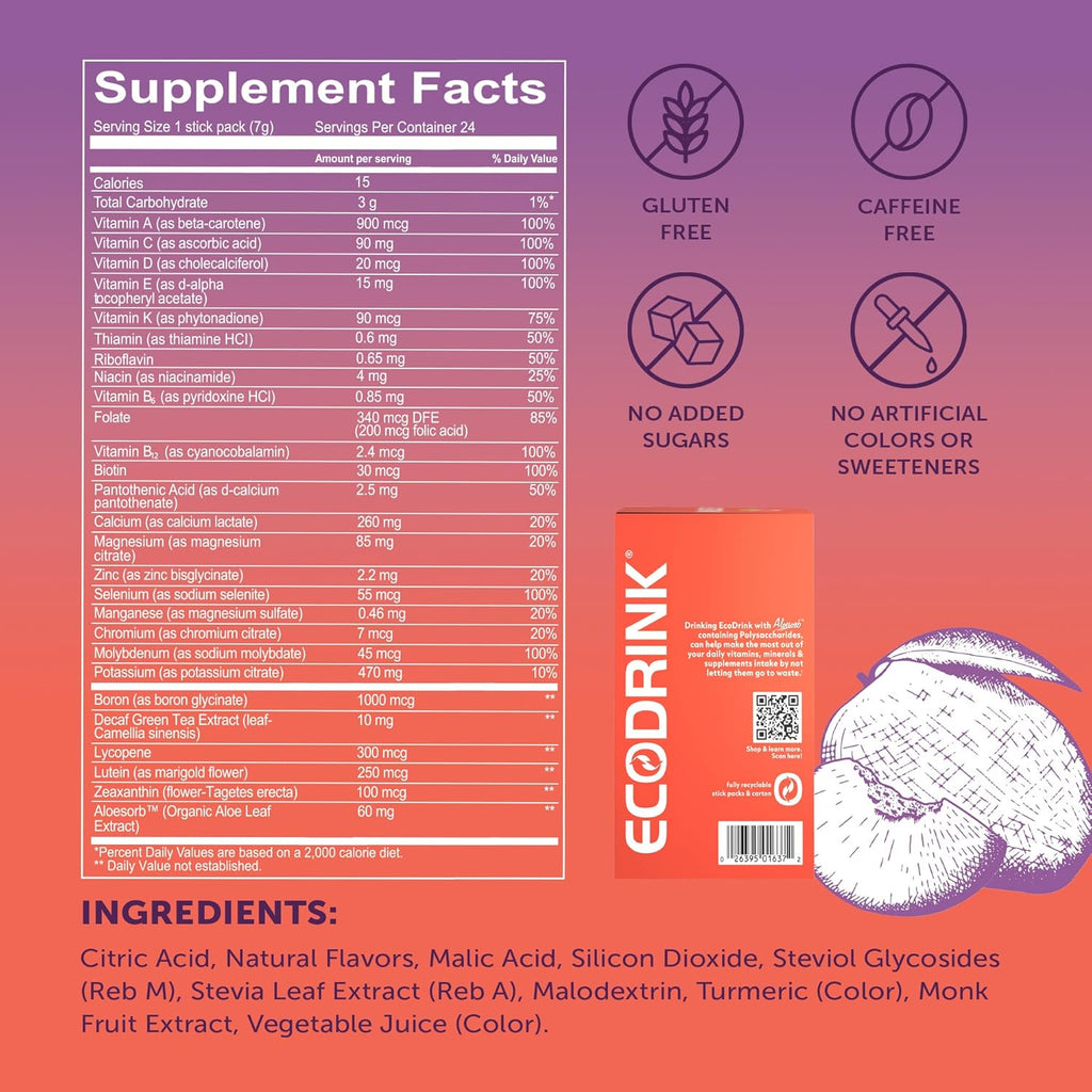 Lily of The Desert EcoDrink Nutrient Support Hydration Packets, Peach Mango – Naturally Sweetened Multivitamin Electrolyte Mix with Aloe, 24 Stick Packs/Box, 0.25 Oz Ea