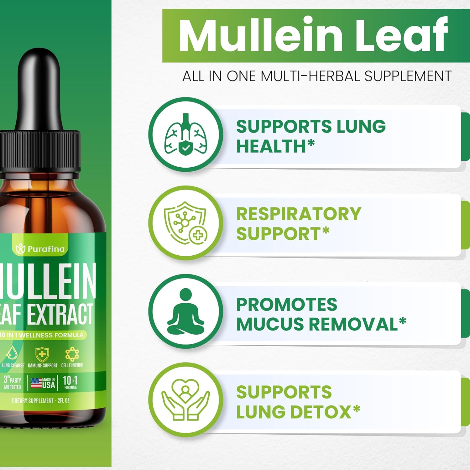 Mullein Drops For Lungs, 10-in-1 Mullein Leaf Extract for Lung Cleanse with Chrolophyll, Sea Moss, Spirulina, Elderberry Organic Respiratory Health Lung Detox - USA Made Mullin Supplement (1 Bottle)