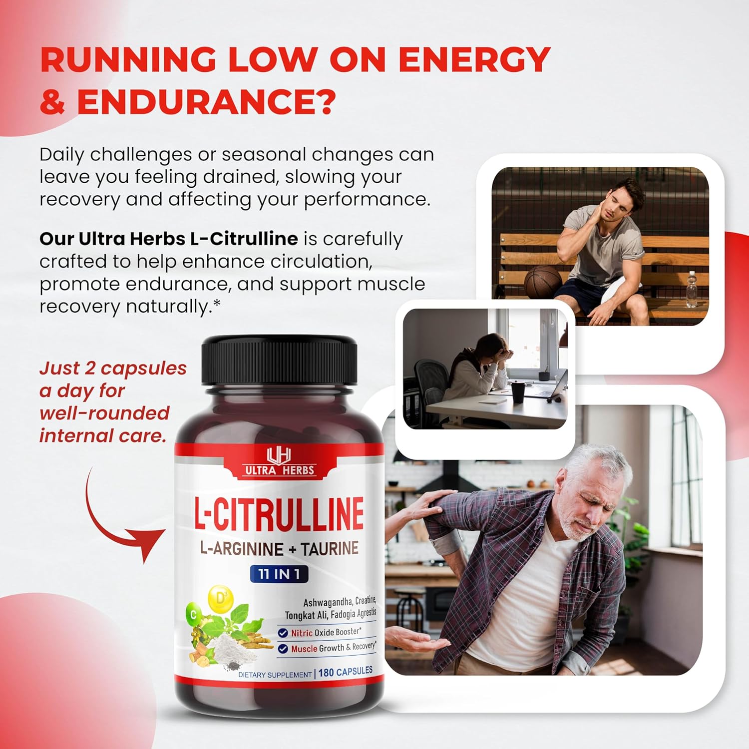 L-Citrulline Supplement Capsules Enriched with L-Arginine, Taurine, Creatine, Tongkat Ali, Fadogia Agrestis | Ultra Nitric Oxide Booster for Muscle Endurance, Stamina & Recovery | 180 Capsules