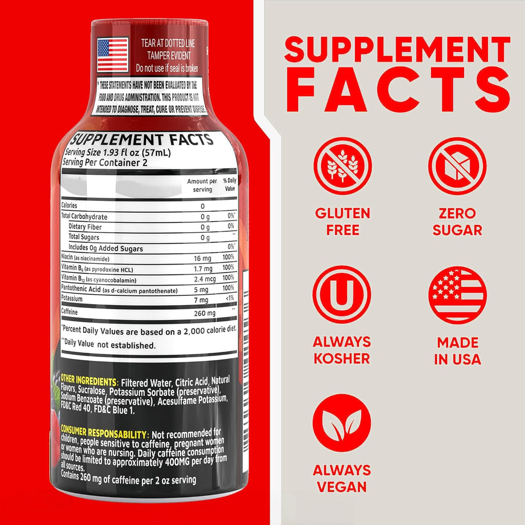 Fruit Punch Extra Strength Energy Shot 12 pk – 260mg Natural Caffeine B12 B6 – Energy & Focus Support – 2 Servings Sugar Free Zero Calorie Green Tea B-Vitamins Electrolytes Vegan – 1.93 fl oz
