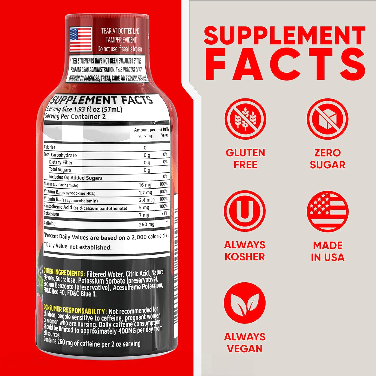 Fruit Punch Extra Strength Energy Shot 12 pk – 260mg Natural Caffeine B12 B6 – Energy & Focus Support – 2 Servings Sugar Free Zero Calorie Green Tea B-Vitamins Electrolytes Vegan – 1.93 fl oz