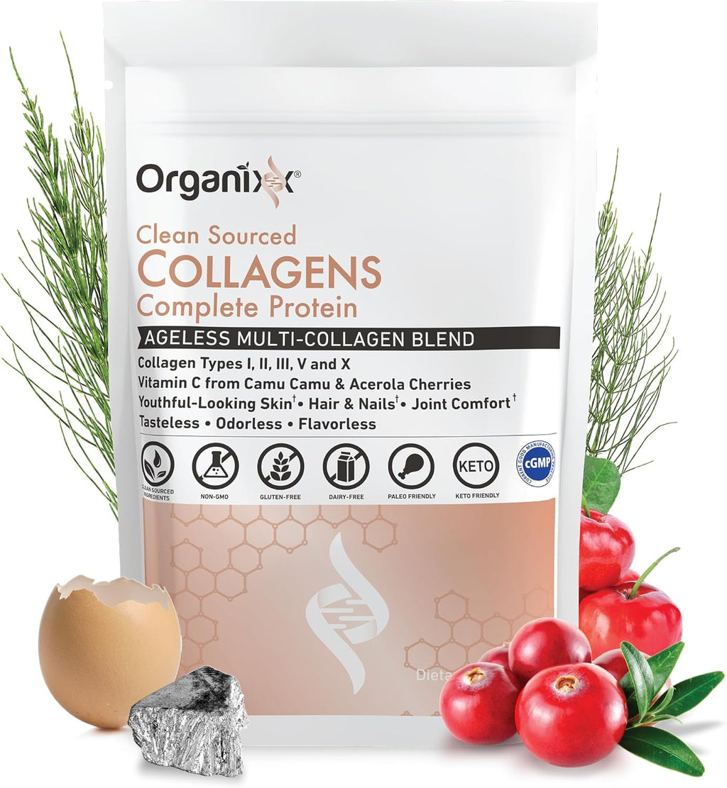 Organixx Collagen Peptides Powder with Vitamin C, Types I, II, III, V, X Hydrolyzed Collagen, Hair, Nail, Skin, Bone & Joint Health, Aging Support, Clean Sourced, Gluten Free, Unflavored, 20 Servings