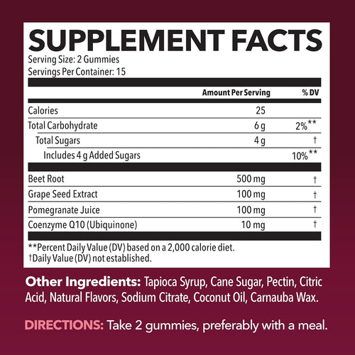 Beet Root Gummies with COQ10 & Pomegranate - Nitric Oxide Supplement for Men and Women - Beetroot for Endurance, Performance, Recovery - Vegan, Non-GMO, Gluten Free - Mixed Berry Flavor, 30 Count
