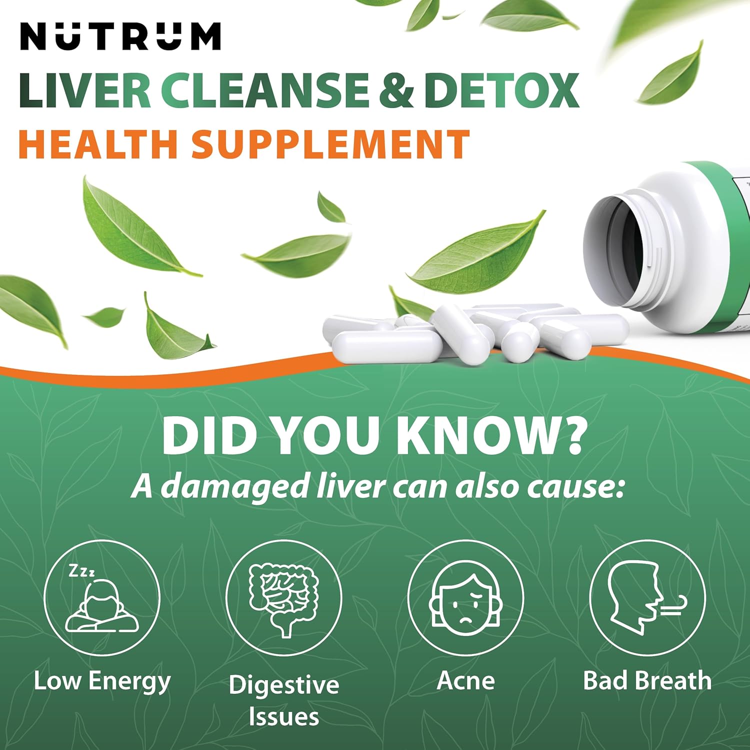 Liver Cleanse and Detox Health Support Supplement by Nutrum, Vegan Liver Formula, Natural Herbal Liver Renewal with Vitamin C, Milk Thistle, Support for Bad Breath, Acne, Low Energy, 60 Capsules