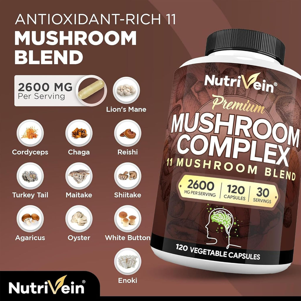 Nutrivein Premium Mushroom Supplement 2600 mg- Bottle 120 Capsules- 11 Nootropic Mushroom Complex - Lion's Mane, Cordyceps, Chaga, Reishi, Turkey Tail,Maitake,Shiitake, Agaricus, White Button, Oyster