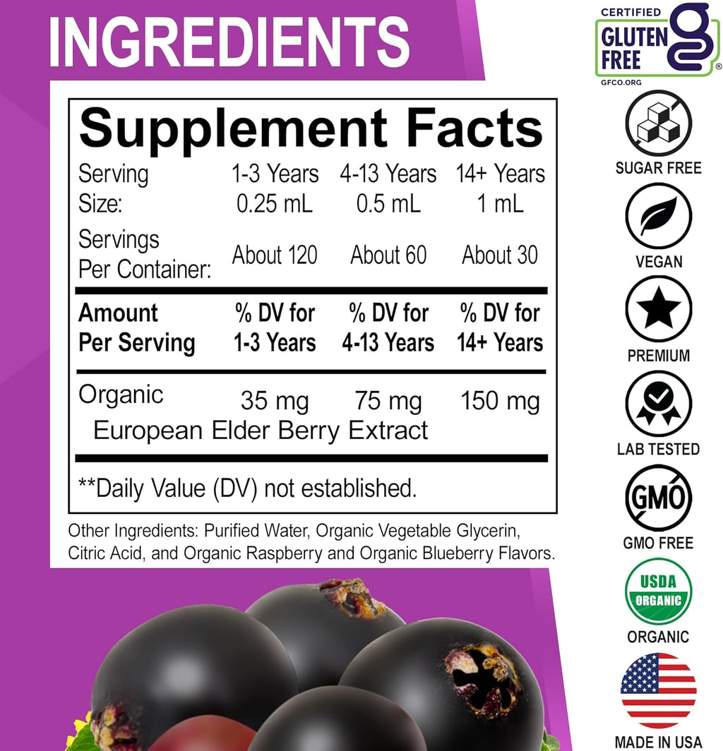 Elderberry Syrup Organic Liquid Drops - Sugar Free Immune Support Supplement for Adults & Kids, Ages 1 Immune Booster - Pure Organic Elderberry Syrup Liquid Drops Tincture Extract Concentrate 1 Fl Oz