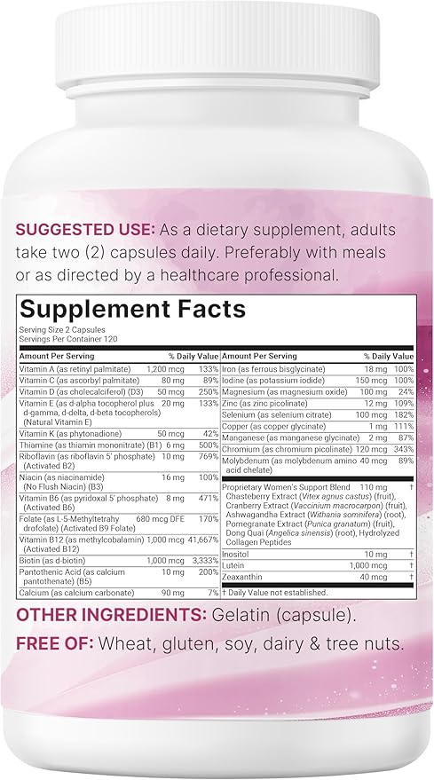 Micro Ingredients Pure Methylated Multivitamin for Women, 240 Capsules | 32-in-1 Formula with Vitamin B, C, D + Iron, Methylfolate & More | Supports Women 's Daily Wellness | Filler Free, Non-GMO