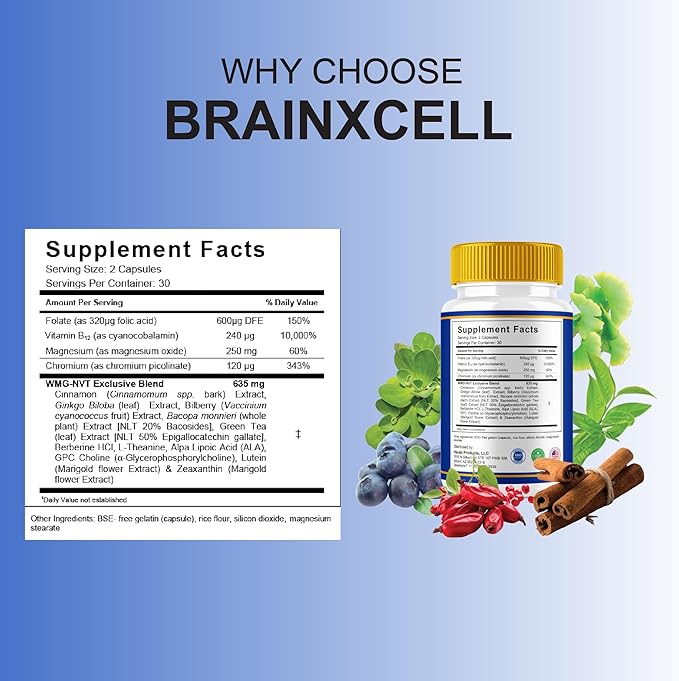BLUE VIBE Brainxcell Capsules, Brain x Cell Advanced All Natural Memory & Focus Support Supplement Pills, Brainxcell Maximum Strength Premium Brain and Memory Support Pills (3 Pack - 180 Capsules)