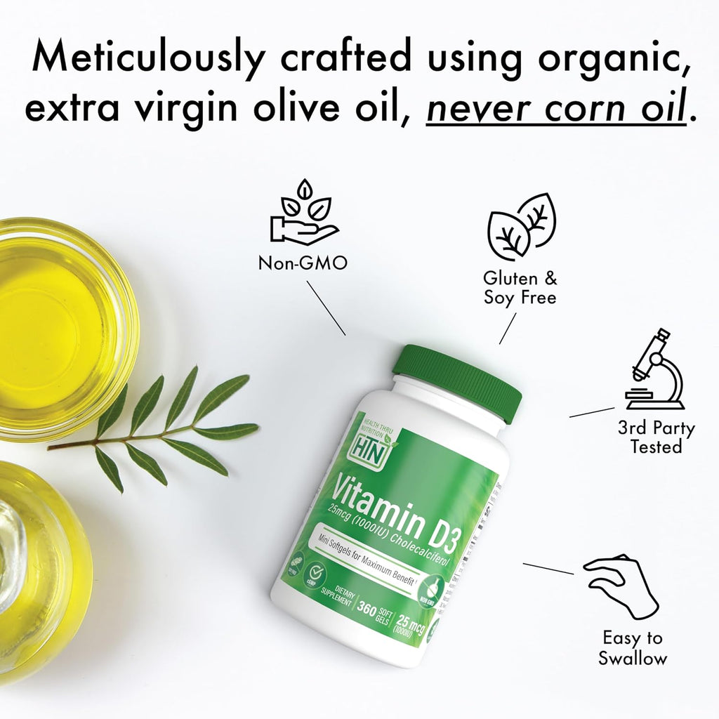 Health Thru Nutrition Vitamin D3 1,000iu 360 Mini Softgels for Maximum Benefit | 25mcg Cholecalciferol | 3rd Party Tested | Non-GMO USP Grade in Organic EVOO | Immune Health Support