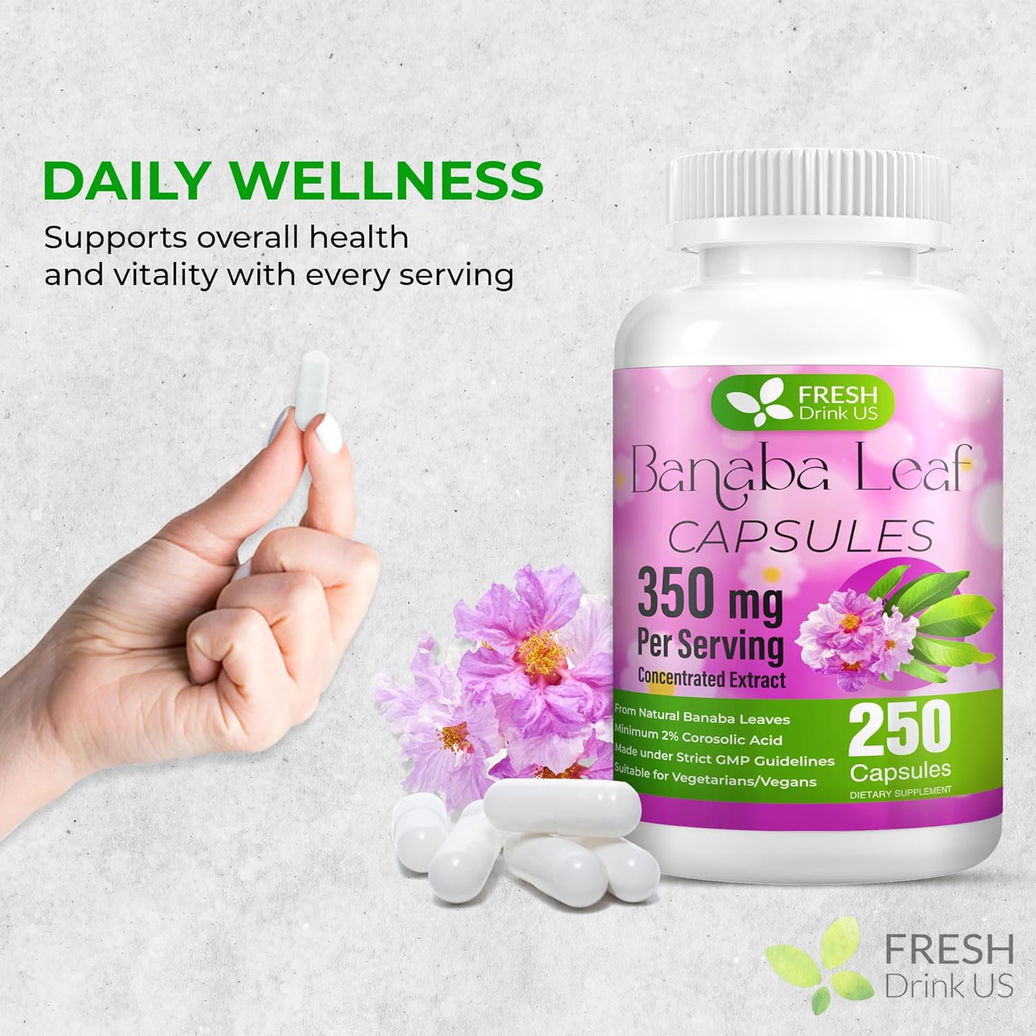 FRESHDRINKUS, 250 Banaba Capsules| High Potency Standardized| 100% from Natural Banaba Leaves Extract| 350mg per Capsule| 350mg per Serving| 250 Days Supply| Vegan Capsules| Non-GMO, Gluten-Free